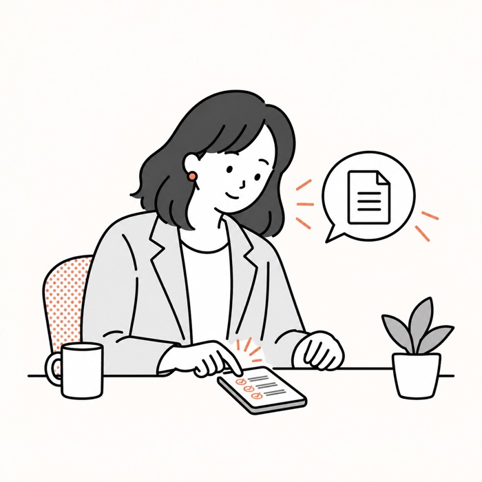 スマホに届いた録音のご案内を見ている線画イラスト