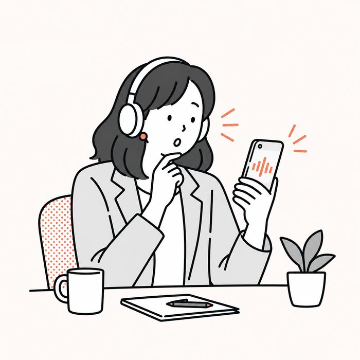 自分の録音を聞く女性の線画イラスト