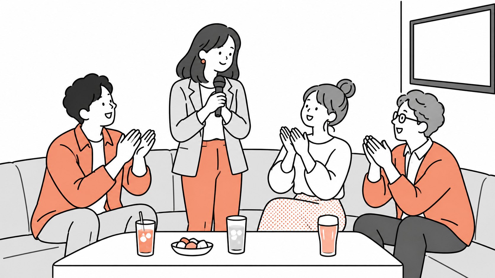 カラオケで歌い終えた女性に、友人たちが拍手している線画イラスト